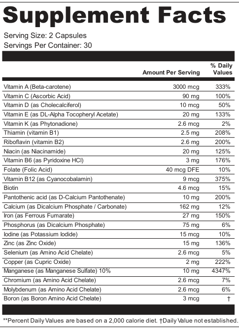 Supplement Facts for Multi Vitamin